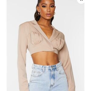 PrettyLittleThing Taupe Woven Ruched Cup Detail Corset Cropped Blazer Size 6